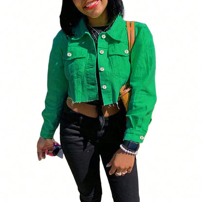 Women's Denim Short Coat, Solid Color Long Sleeve Lapel Jacket Button Down Distressed Hem Crop Jeans Coat Green