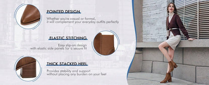 TINSTREE TINSTREE Womens Pointed Toe Ankle Boots Elastic Chunky Block Stacked Mid Heel Slip On Chelsea Booties light brown