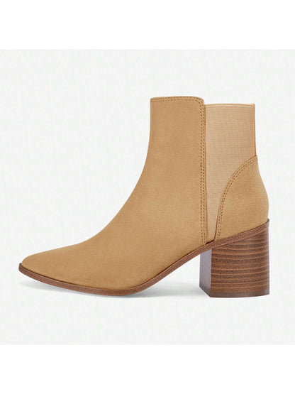 TINSTREE TINSTREE Womens Pointed Toe Ankle Boots Elastic Chunky Block Stacked Mid Heel Slip On Chelsea Booties light brown