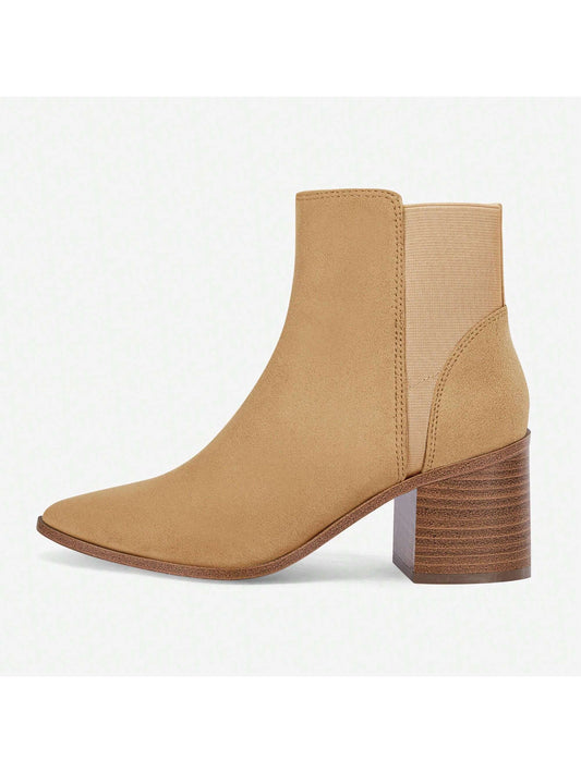 TINSTREE TINSTREE Womens Pointed Toe Ankle Boots Elastic Chunky Block Stacked Mid Heel Slip On Chelsea Booties light brown