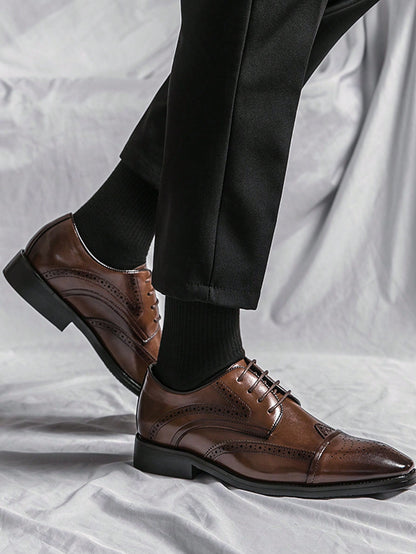 Men's Formal Brogue Carved PU Leather Shoes For Business Office, Saturday Night, Banquet, Wedding Party, Groom, Large Size, European And American Style Brown