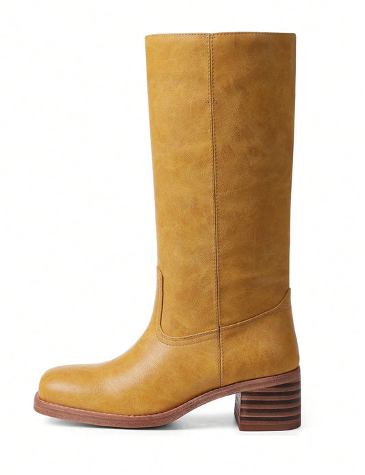 Women's Knee High Boots Wide Calf Boots  Square Toe Chunky Block Heel Long Boots Pull On Riding Boots Knight Boots Casual Comfortable Low Heel Womens Boots Yellow