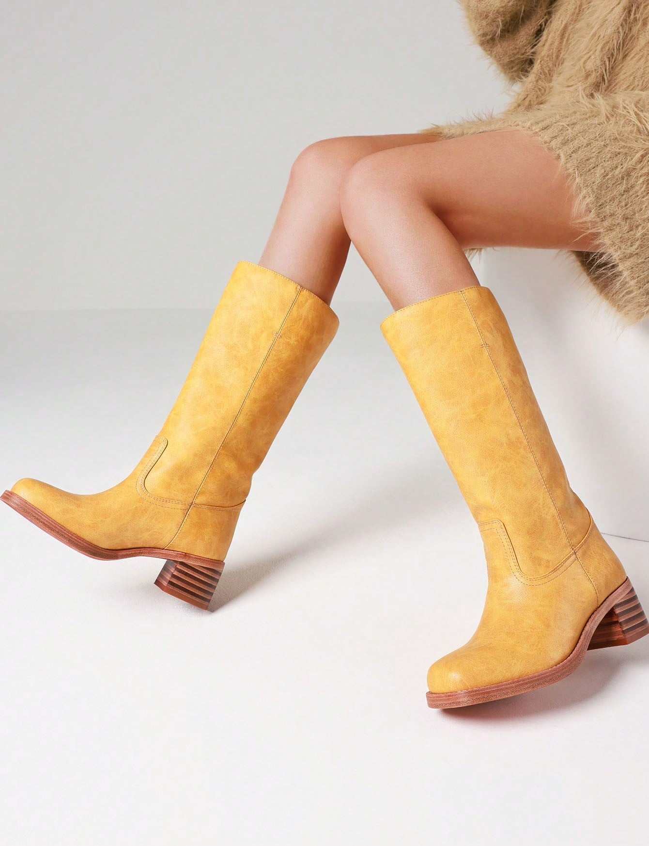 Women's Knee High Boots Wide Calf Boots  Square Toe Chunky Block Heel Long Boots Pull On Riding Boots Knight Boots Casual Comfortable Low Heel Womens Boots Yellow