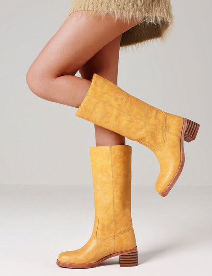 Women's Knee High Boots Wide Calf Boots  Square Toe Chunky Block Heel Long Boots Pull On Riding Boots Knight Boots Casual Comfortable Low Heel Womens Boots Yellow
