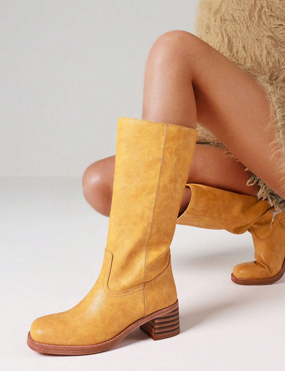 Women's Knee High Boots Wide Calf Boots  Square Toe Chunky Block Heel Long Boots Pull On Riding Boots Knight Boots Casual Comfortable Low Heel Womens Boots Yellow