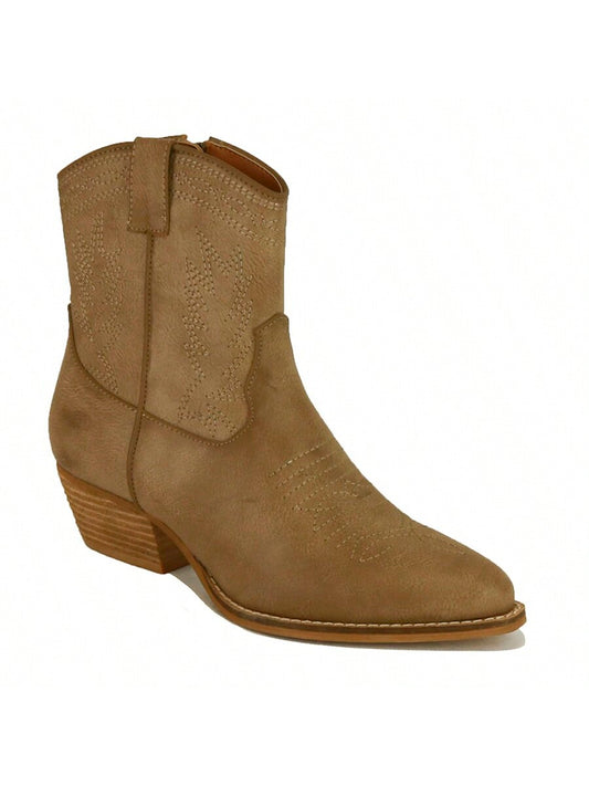 Western-Inspired Boot With Intricate Stitching Taupe