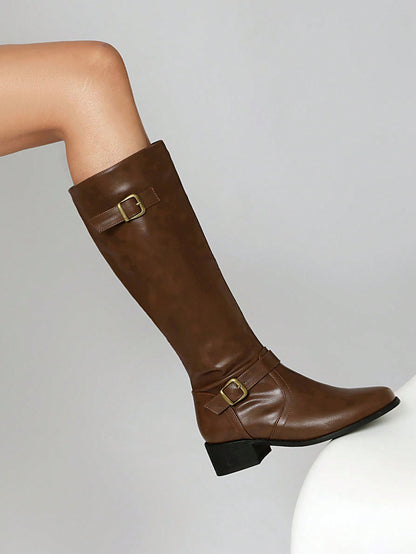 JIAOFEITI Women's Vintage Side Zipper Knee-High Boots, Round Toe Flat Riding Boots For Spring And Autumn Brown