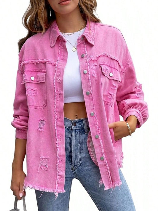 PUWEI Ripped Fringe Jean Jacket Women Distressed Washed Button Down Frayed Denim Shacket With Pocket Pink