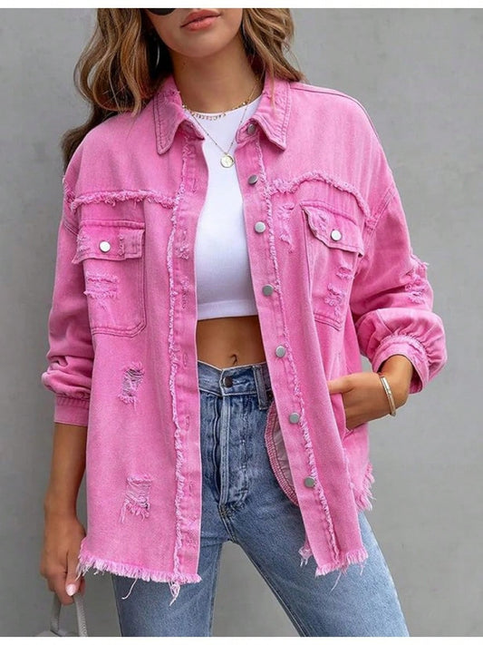 PUWEI Ripped Fringe Jean Jacket Women Distressed Washed Button Down Frayed Denim Shacket With Pocket Pink