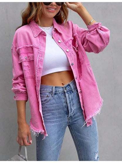PUWEI Ripped Fringe Jean Jacket Women Distressed Washed Button Down Frayed Denim Shacket With Pocket Pink