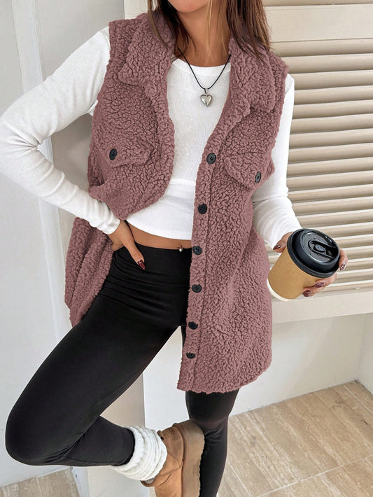 SHEIN EZwear Women's Sleeveless Minimalist Button Front Pockets Casual Jacket, Daily Wear Dusty Purple