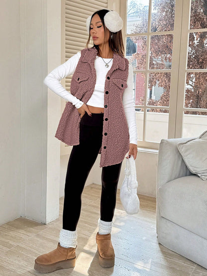 SHEIN EZwear Women's Sleeveless Minimalist Button Front Pockets Casual Jacket, Daily Wear Dusty Purple