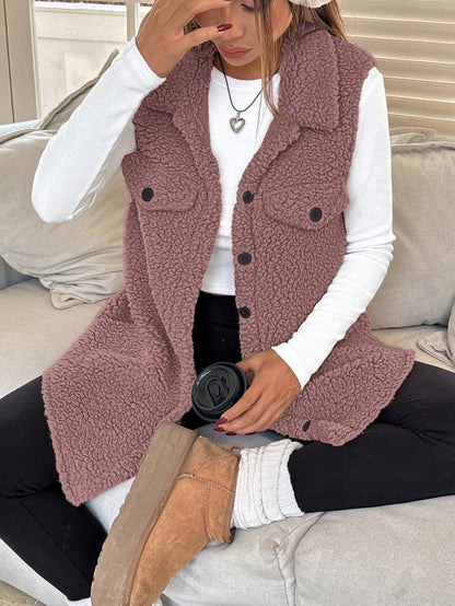 SHEIN EZwear Women's Sleeveless Minimalist Button Front Pockets Casual Jacket, Daily Wear Dusty Purple
