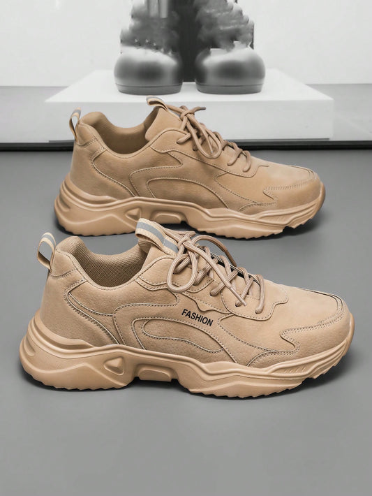 Men's Letter Print Spliced Lightweight Breathable Anti-Slip Hiking Shoes, Fashionable Men Sports Shoes & Casual Khaki