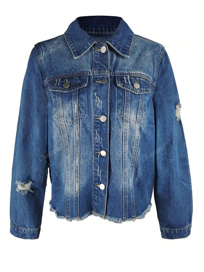 Women's Simple Solid Color Distressed Washed Denim Jacket Blue