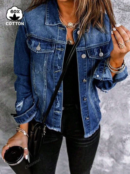 Women's Simple Solid Color Distressed Washed Denim Jacket Blue